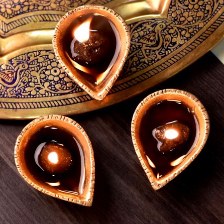 3 Pieces Brass Single Wick Traditional Brass Oil Diya